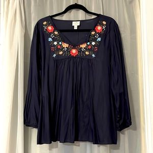 Black Rayon Floral Embroidered Boho Swing Top